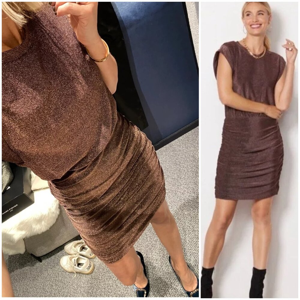 EVEREVE Ashlyn Sparkle Cocktail Dress in Bronze Ruched Metallic size XS Party